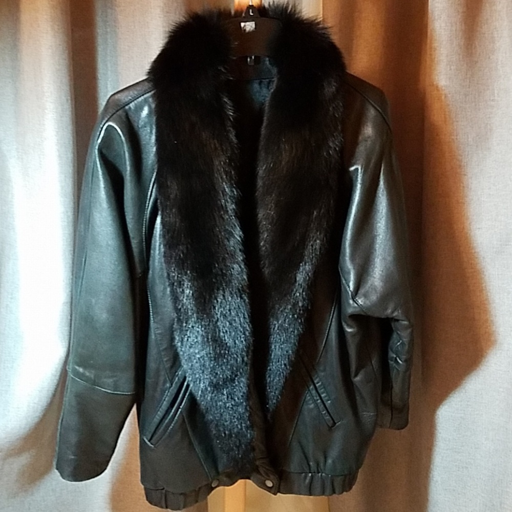 Black leather jacket with Fox collar
